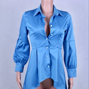 Solid Color Lantern Sleeve Tail Dress & Button Shirt Dress