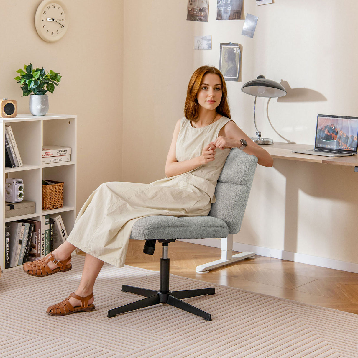 Office Armless Chair Cross Legged with Imitation Lamb Fleece and Adjustable Height-Gray