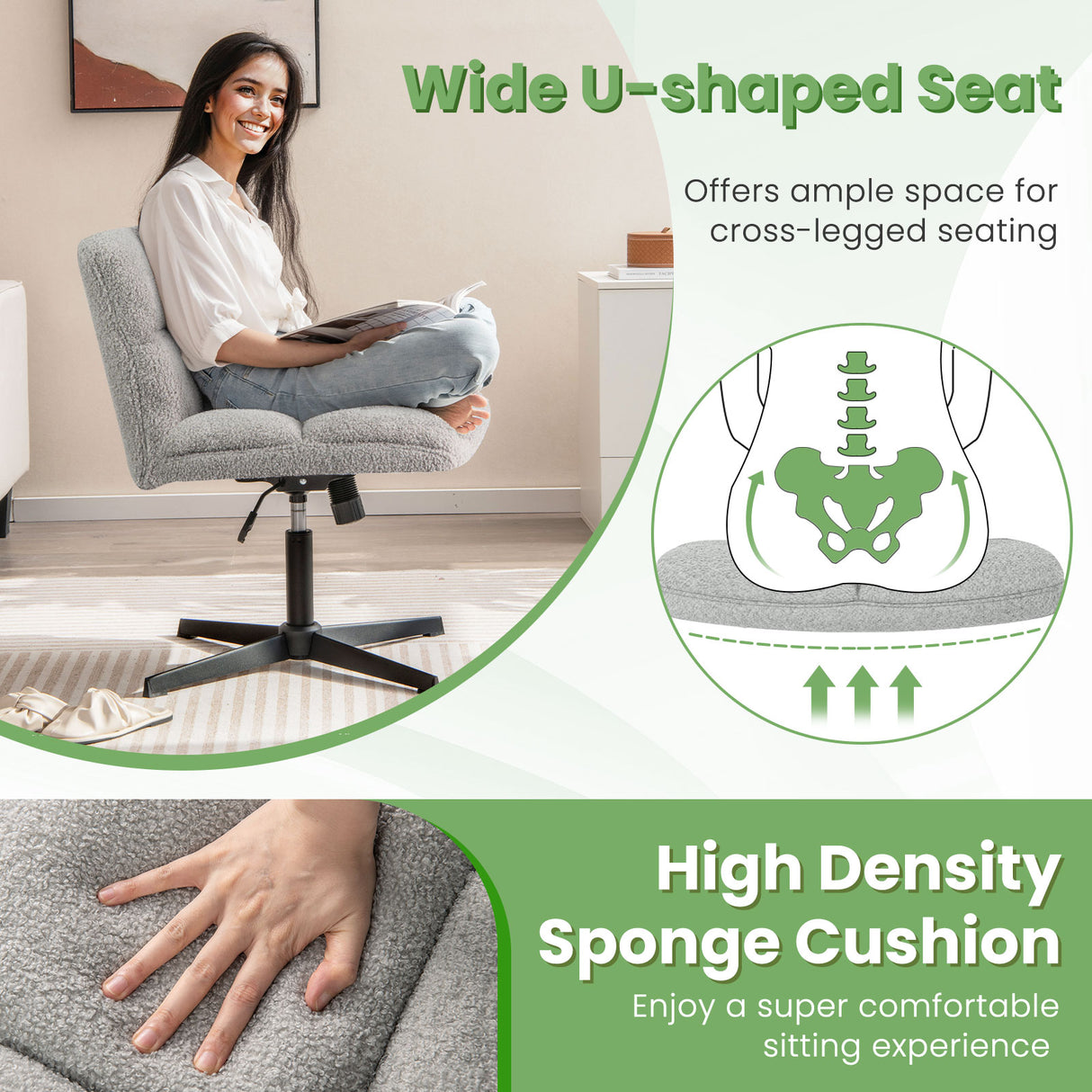 Office Armless Chair Cross Legged with Imitation Lamb Fleece and Adjustable Height-Gray