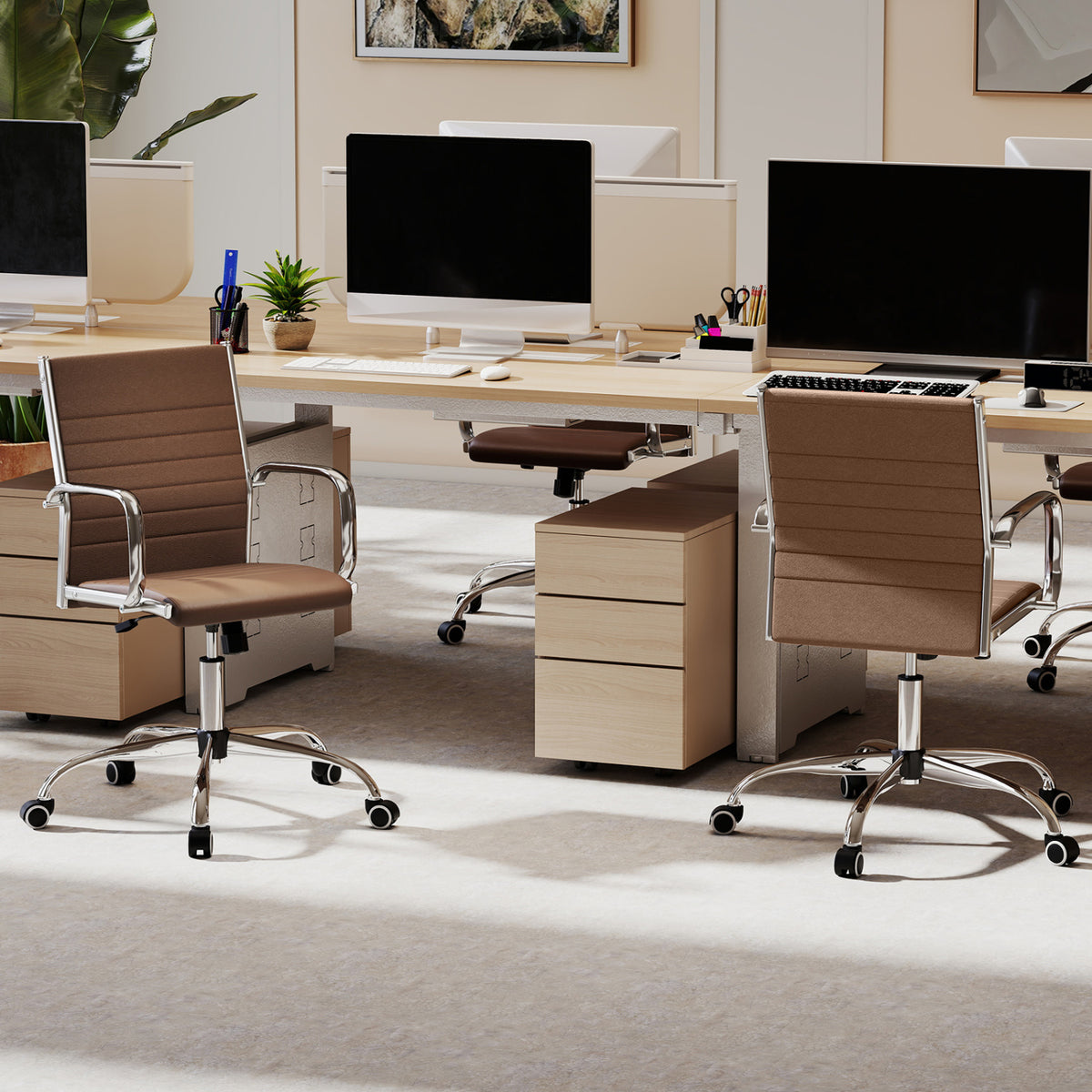 Office Chair Height Adjustable Conference Room Chair with Rocking Backrest Armrests-Brown