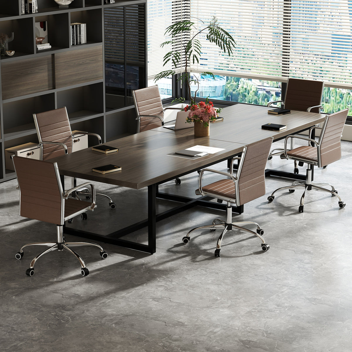 Office Chair Height Adjustable Conference Room Chair with Rocking Backrest Armrests-Brown