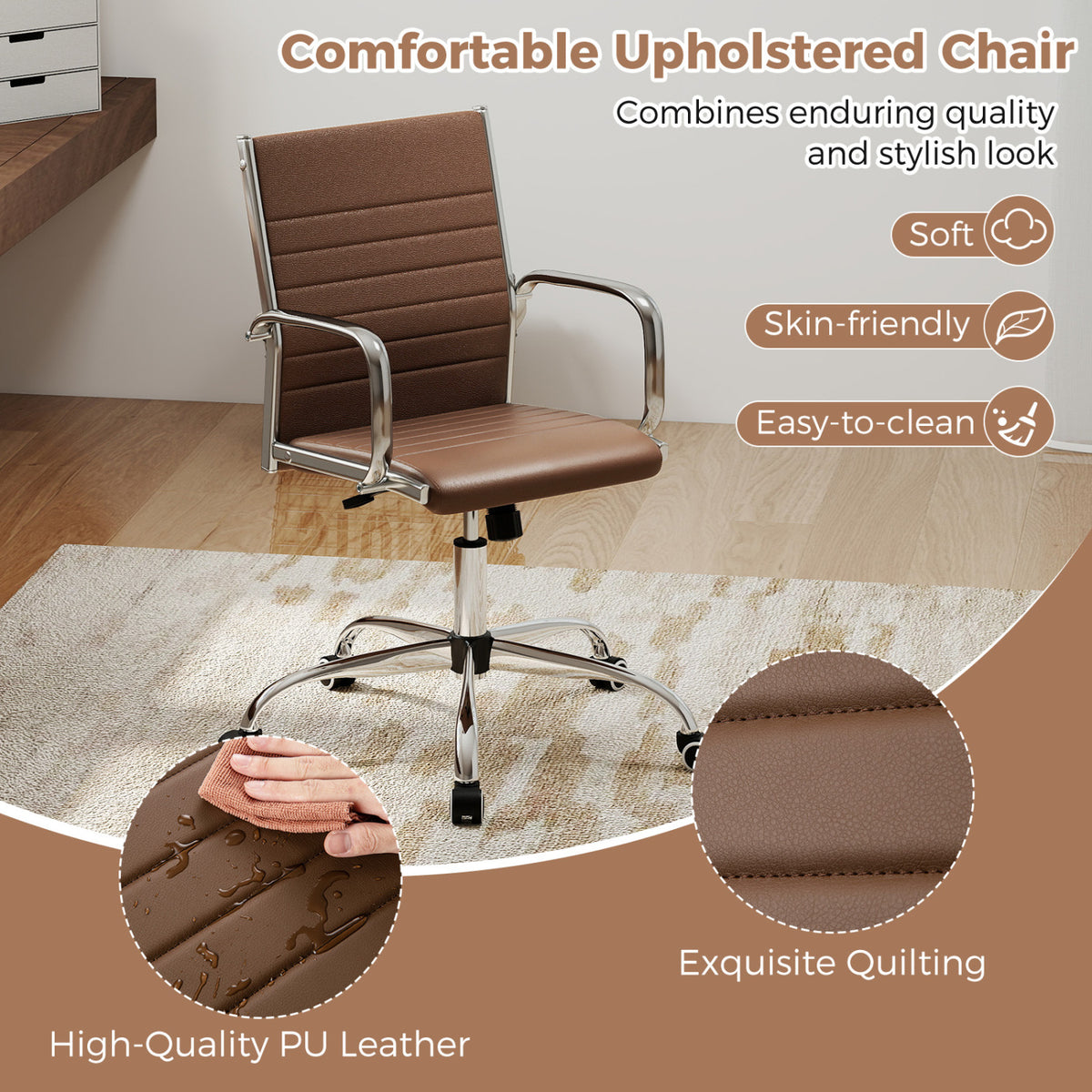 Office Chair Height Adjustable Conference Room Chair with Rocking Backrest Armrests-Brown