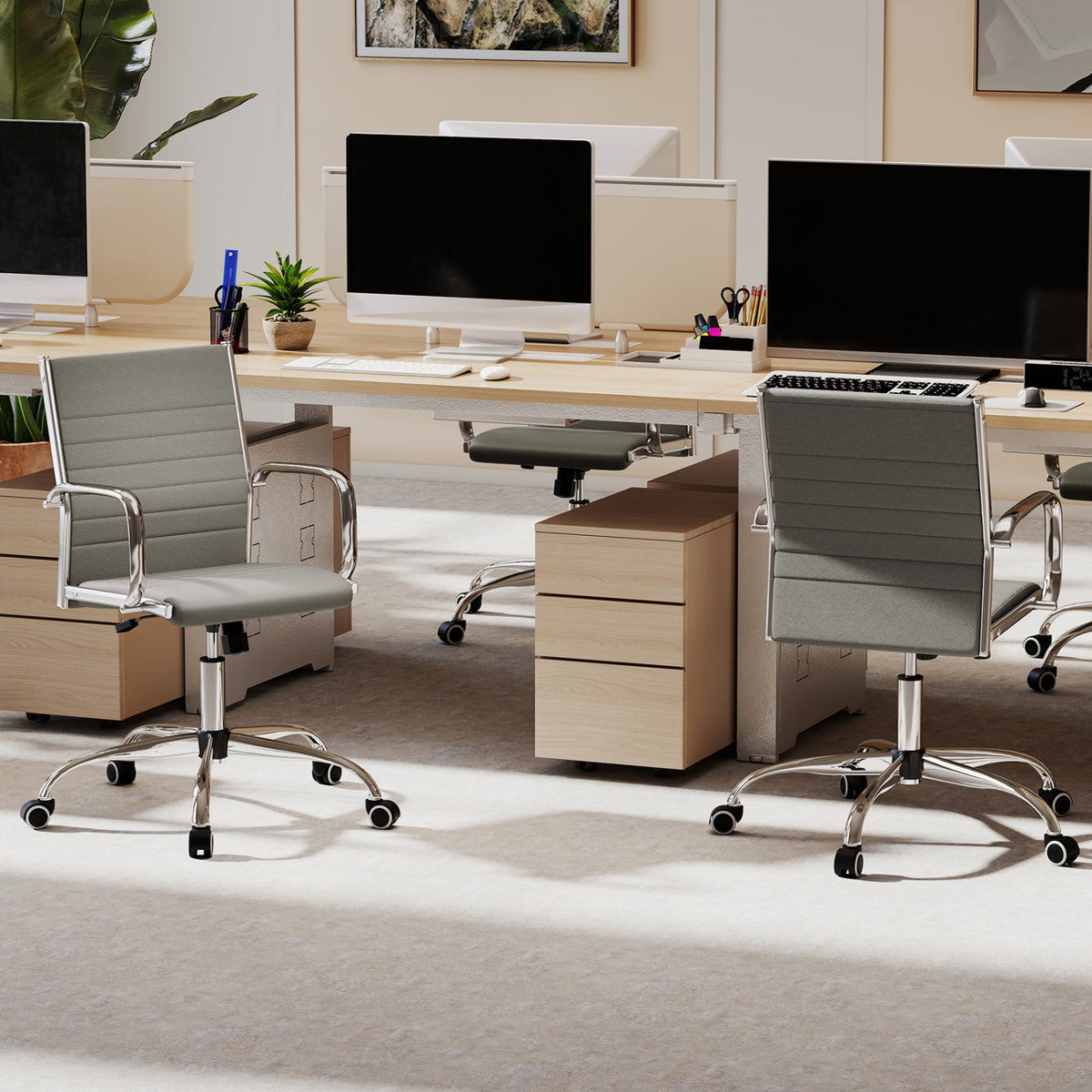 Office Chair Height Adjustable Conference Room Chair with Rocking Backrest Armrests-Grey