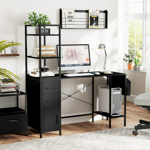Office Desk with LED Lights and Power Outlets Computer Desk with Open Shelves-Black