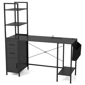 Office Desk with LED Lights and Power Outlets Computer Desk with Open Shelves-Black