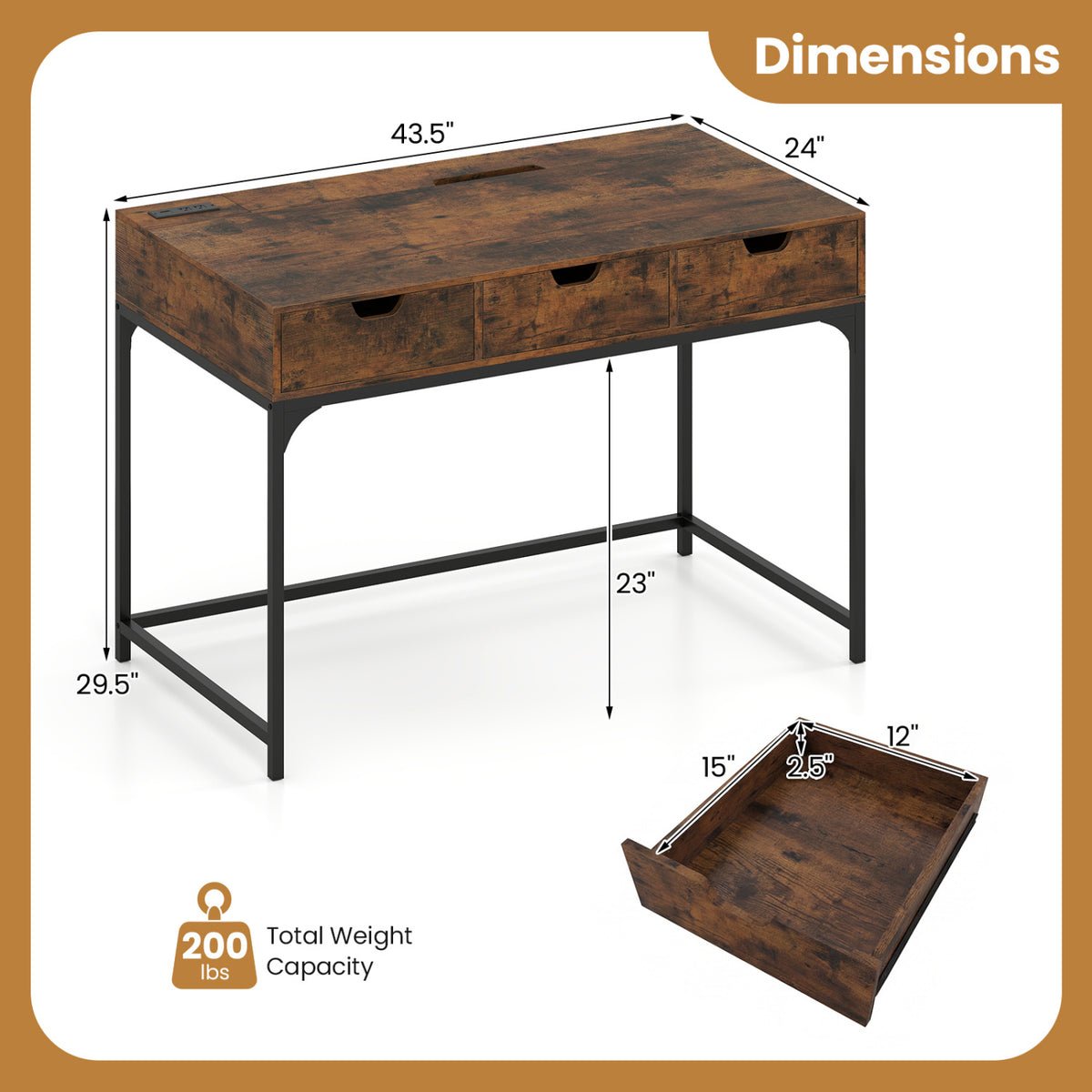 Office Desk with Power Outlets and Hidden Compartment for Study-Rustic Brown