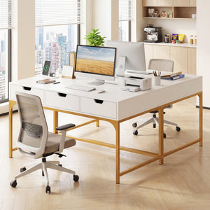 Office Desk with Power Outlets and Hidden Compartment for Study-White