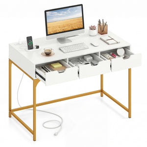 Office Desk with Power Outlets and Hidden Compartment for Study-White