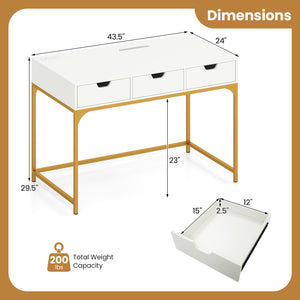 Office Desk with Power Outlets and Hidden Compartment for Study-White