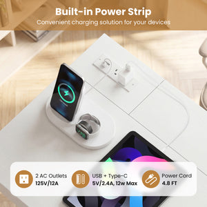 Office Desk with Power Outlets and Hidden Compartment for Study-White