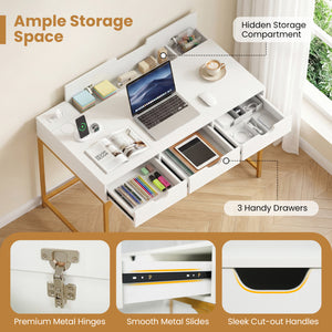 Office Desk with Power Outlets and Hidden Compartment for Study-White