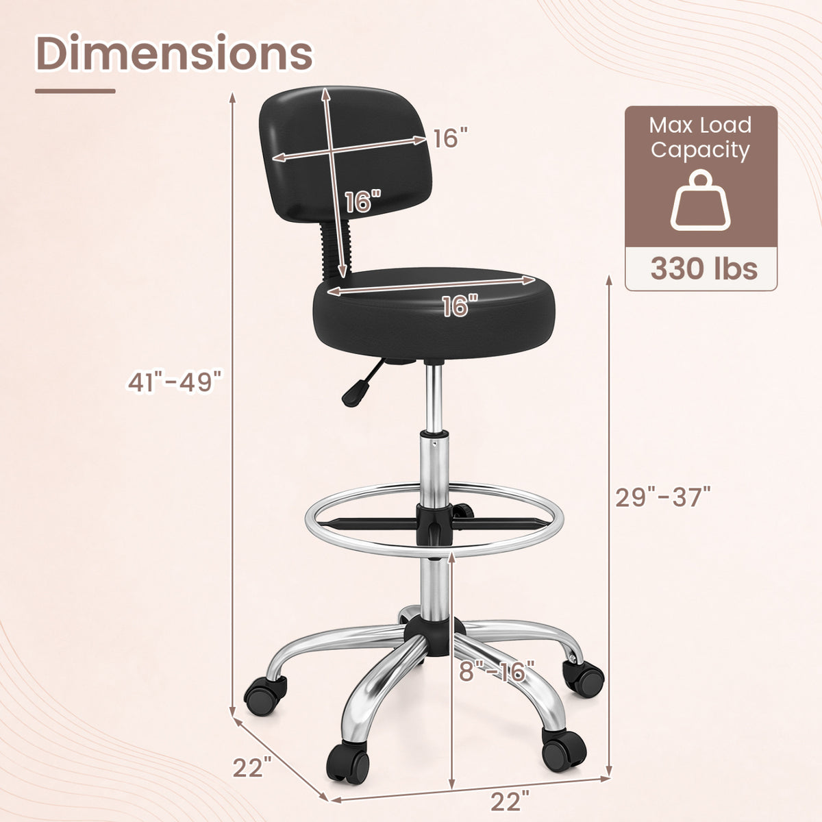 Office Drafting Chair with Back & Adjustable Footring and Wheels for Desk-Silver