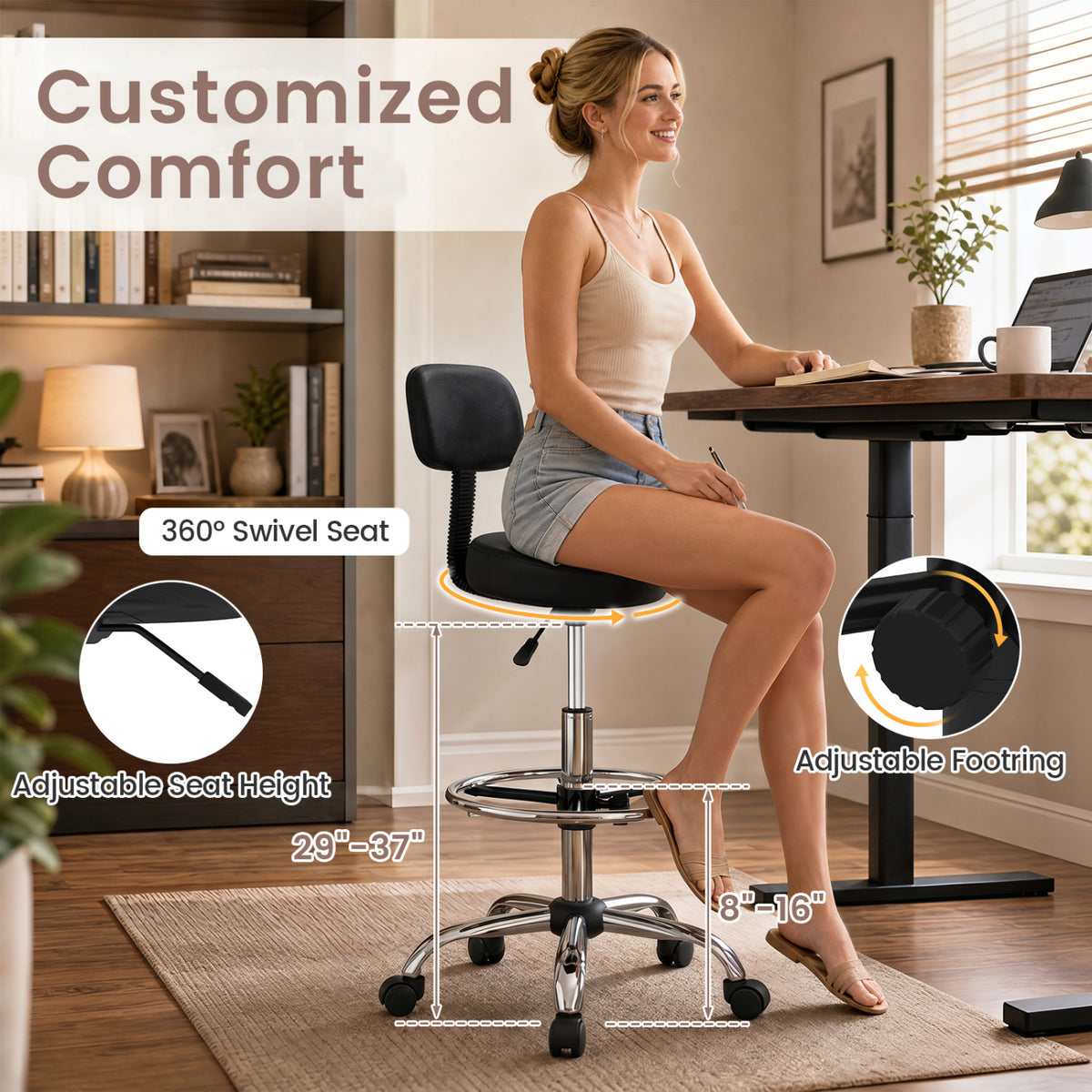 Office Drafting Chair with Back & Adjustable Footring and Wheels for Desk-Silver