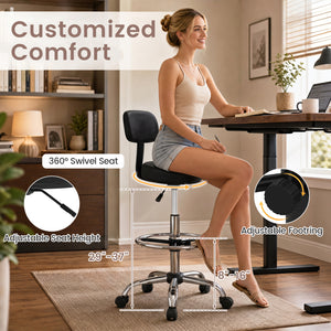 Office Drafting Chair with Back & Adjustable Footring and Wheels for Desk-Silver