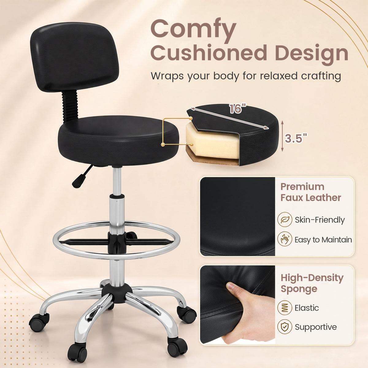 Office Drafting Chair with Back & Adjustable Footring and Wheels for Desk-Silver