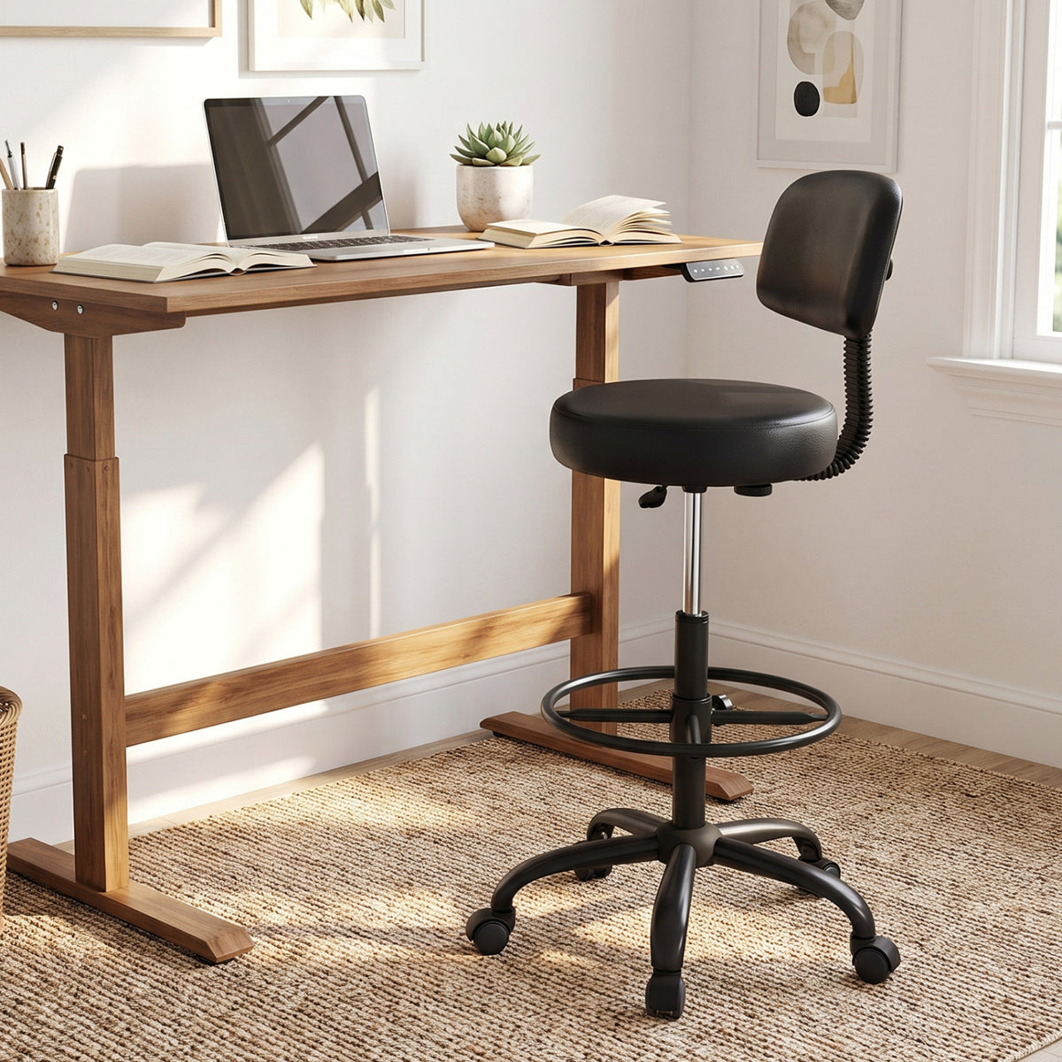 Office Drafting Chair with Back & Adjustable Footring and Wheels for Desk-Black
