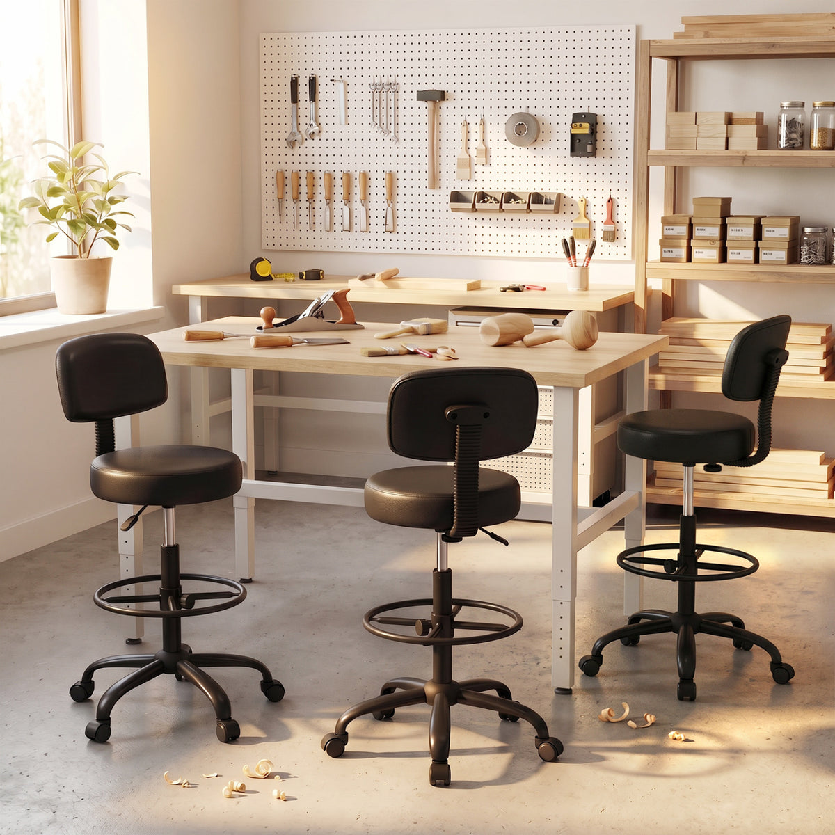 Office Drafting Chair with Back & Adjustable Footring and Wheels for Desk-Black