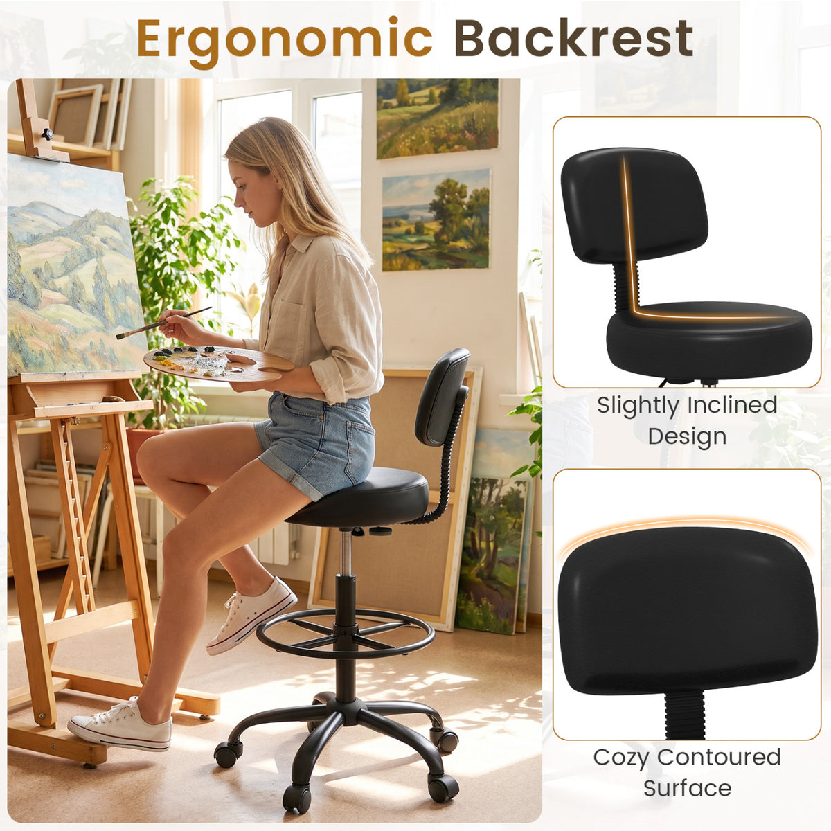 Office Drafting Chair with Back & Adjustable Footring and Wheels for Desk-Black