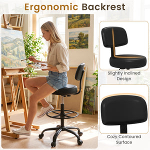 Office Drafting Chair with Back & Adjustable Footring and Wheels for Desk-Black