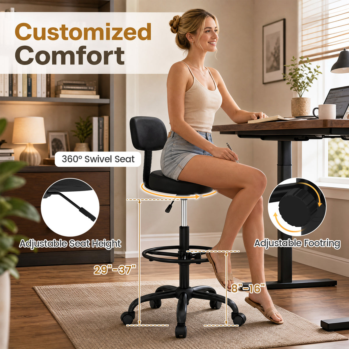 Office Drafting Chair with Back & Adjustable Footring and Wheels for Desk-Black