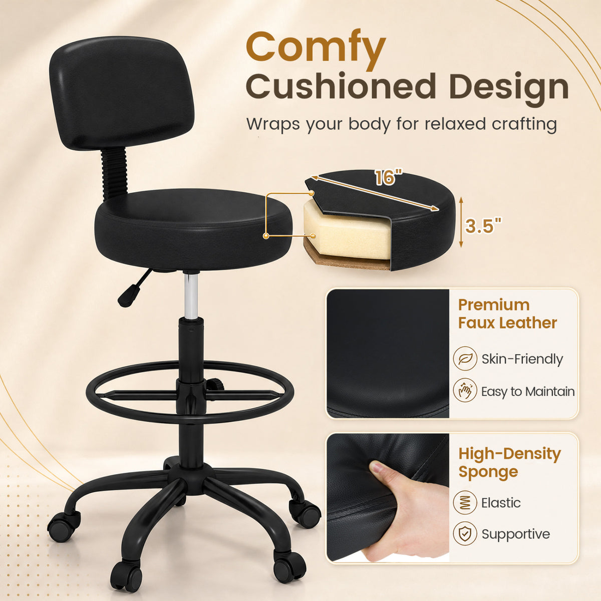 Office Drafting Chair with Back & Adjustable Footring and Wheels for Desk-Black