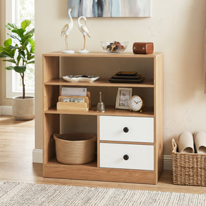 Open Storage Cabinet with 3 Open Compartments and 2 Drawer-Natural