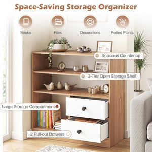 Open Storage Cabinet with 3 Open Compartments and 2 Drawer-Natural