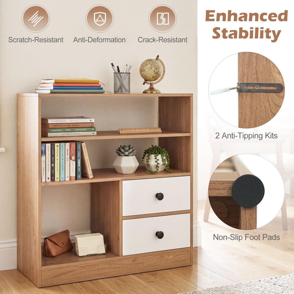 Open Storage Cabinet with 3 Open Compartments and 2 Drawer-Natural