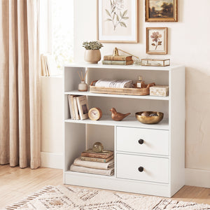 Open Storage Cabinet with 3 Open Compartments and 2 Drawer-White