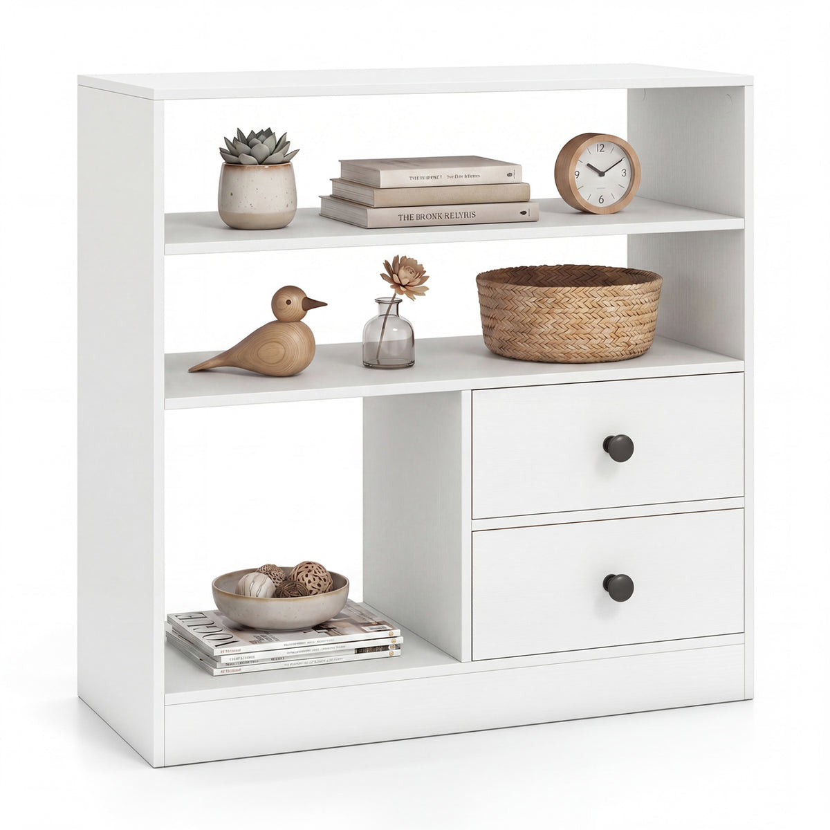 Open Storage Cabinet with 3 Open Compartments and 2 Drawer-White