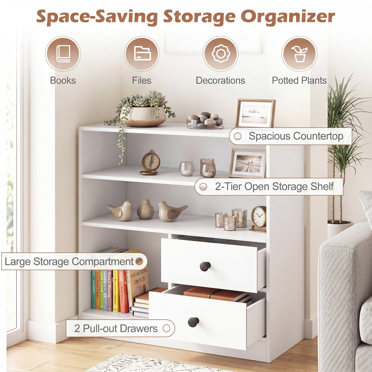 Open Storage Cabinet with 3 Open Compartments and 2 Drawer-White