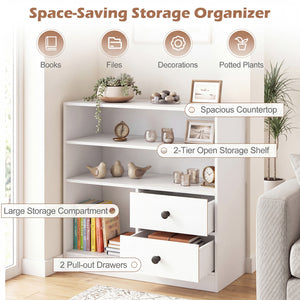Open Storage Cabinet with 3 Open Compartments and 2 Drawer-White
