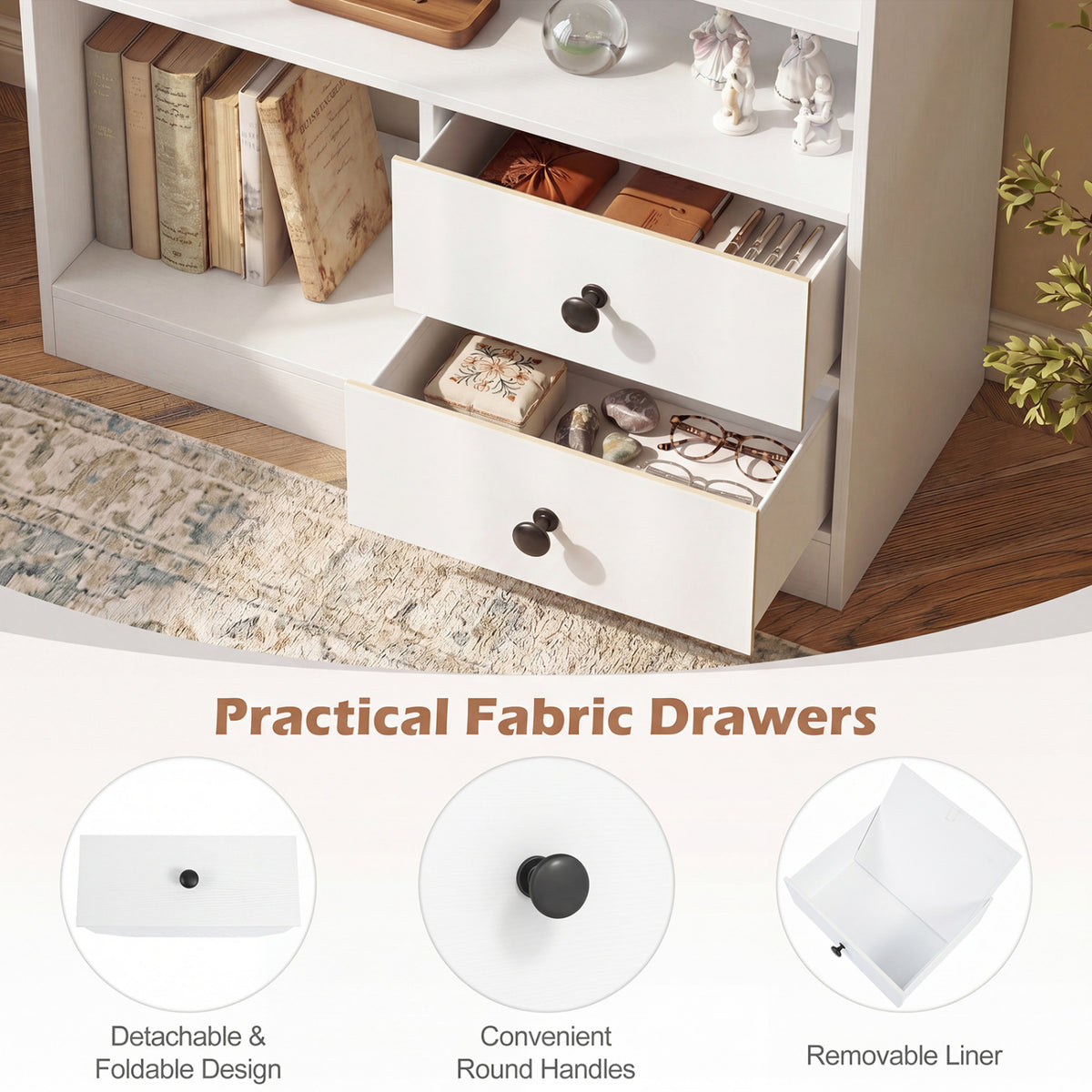 Open Storage Cabinet with 3 Open Compartments and 2 Drawer-White