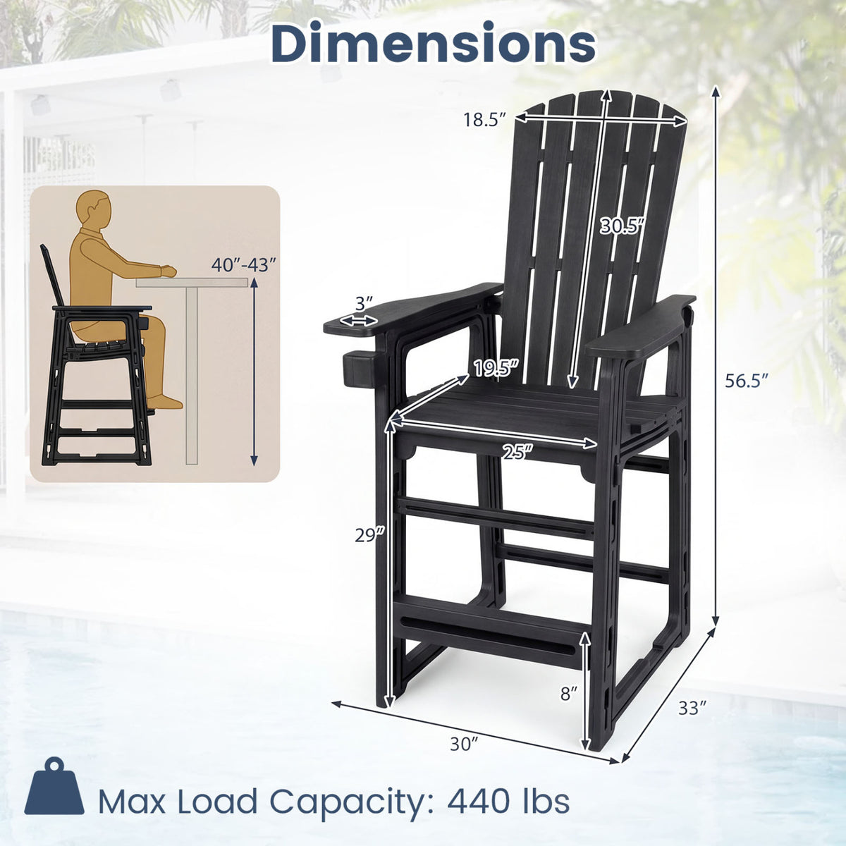 Outdoor 29 Inch Height Bar Stool with Backrest and Armrests-Black