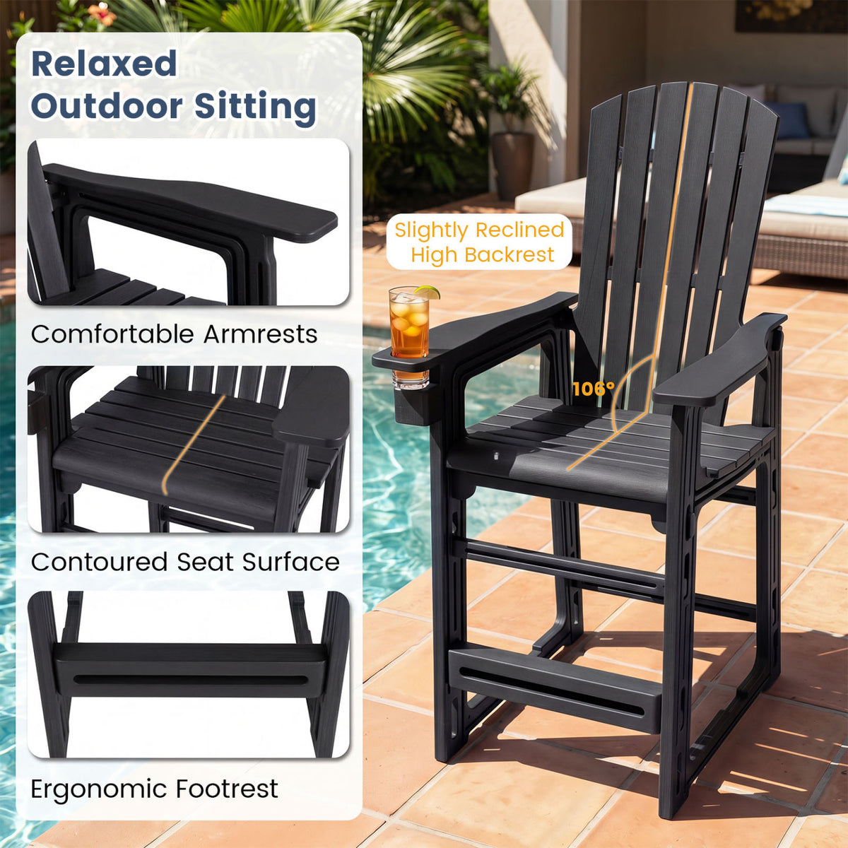 Outdoor 29 Inch Height Bar Stool with Backrest and Armrests-Black
