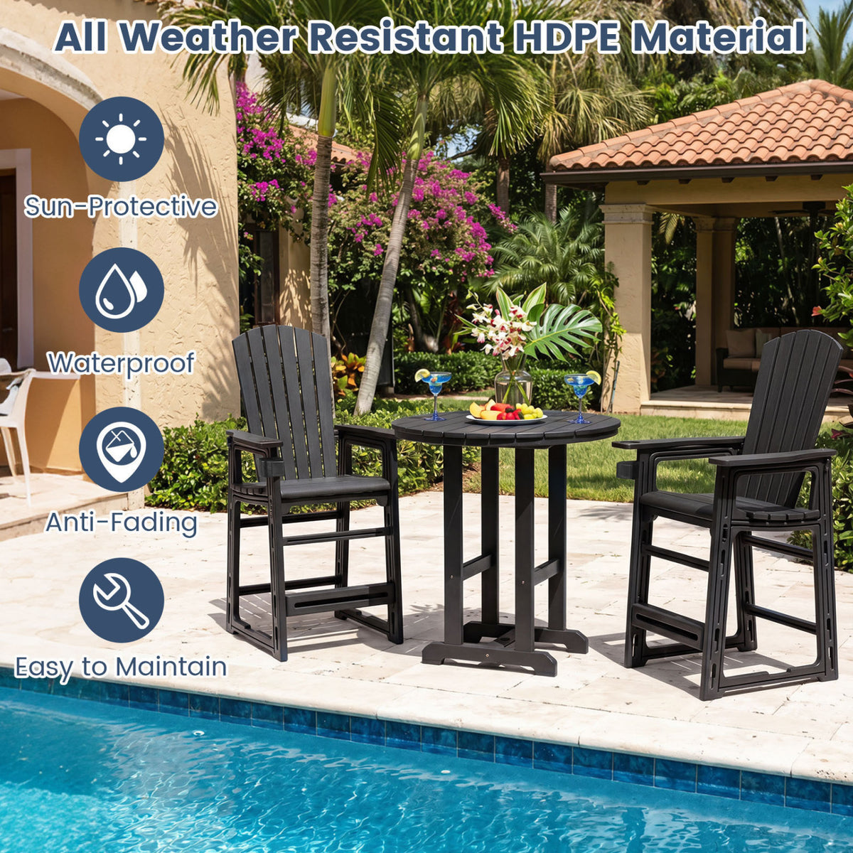 Outdoor 29 Inch Height Bar Stool with Backrest and Armrests-Black