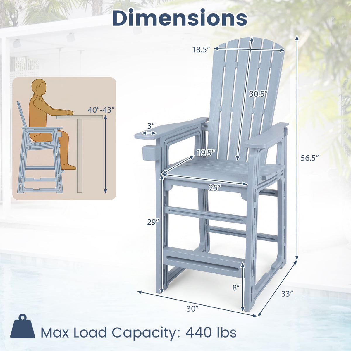 Outdoor 29 Inch Height Bar Stool with Backrest and Armrests-Gray