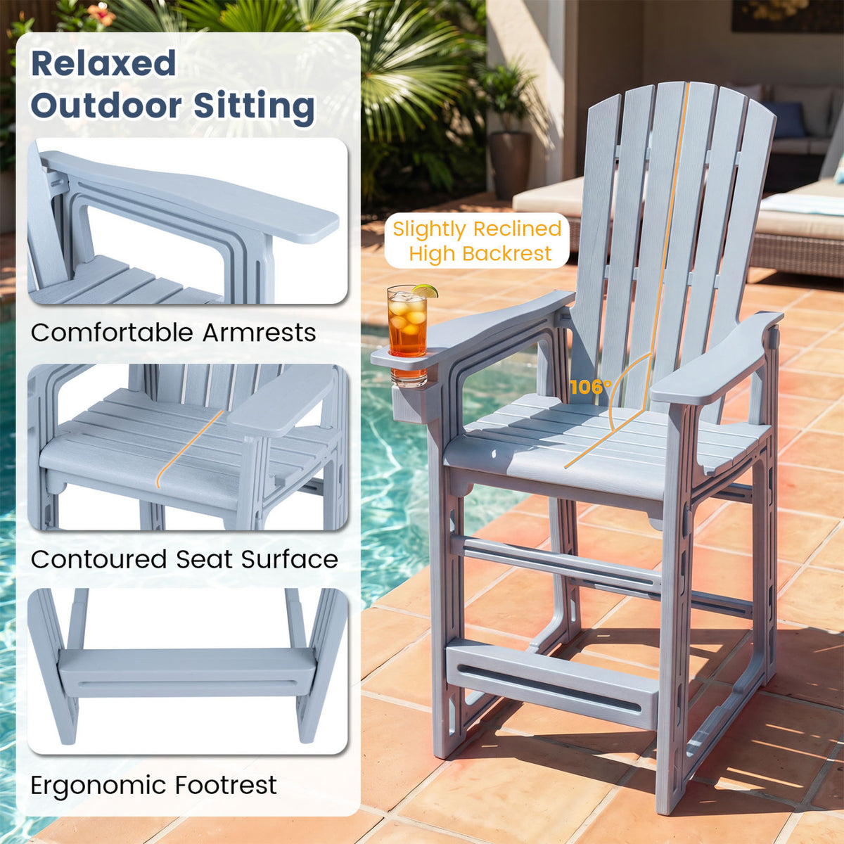 Outdoor 29 Inch Height Bar Stool with Backrest and Armrests-Gray