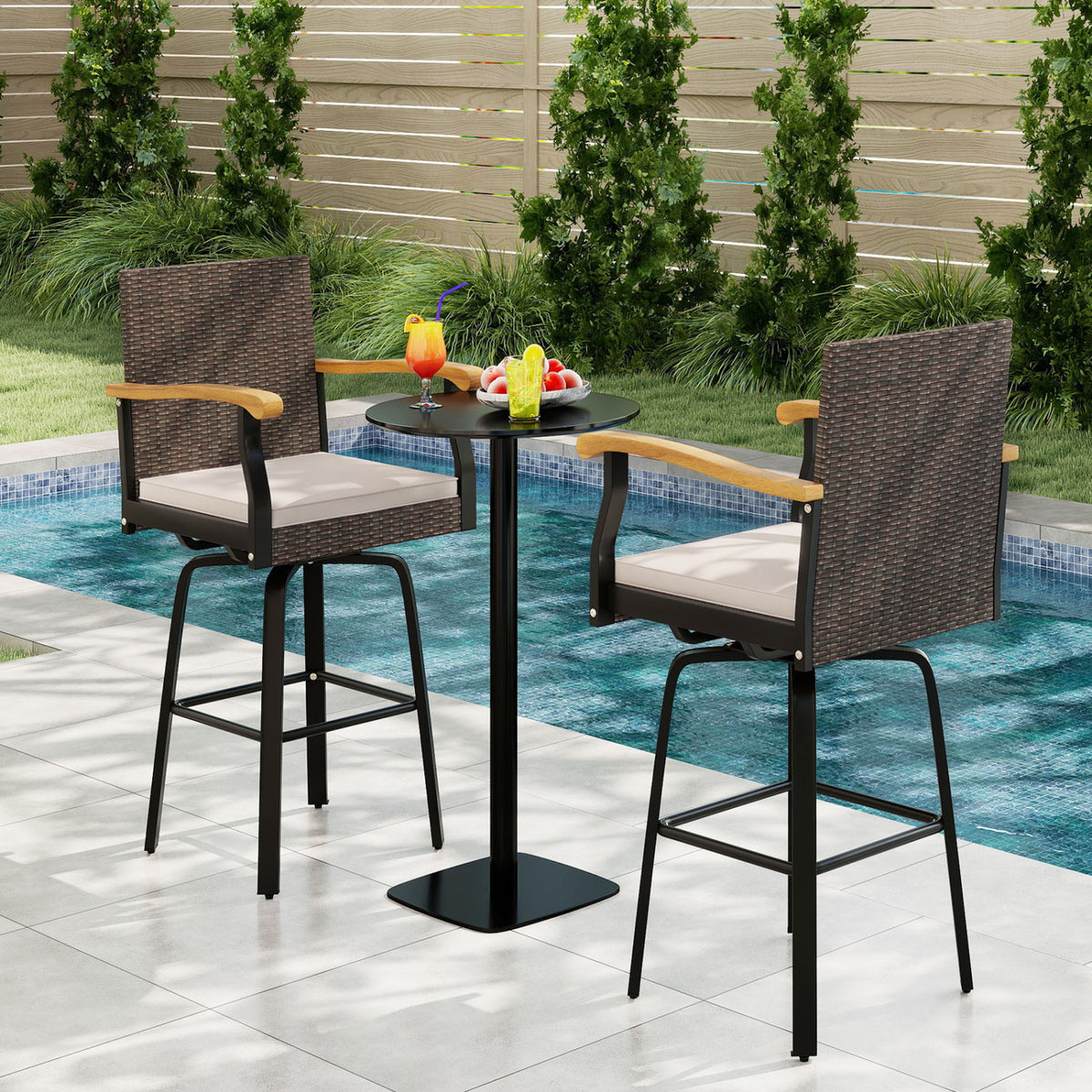 Outdoor 360Â° Swivel Bar Stool with Cushion and Acacia Wood Armrests-F-Brown