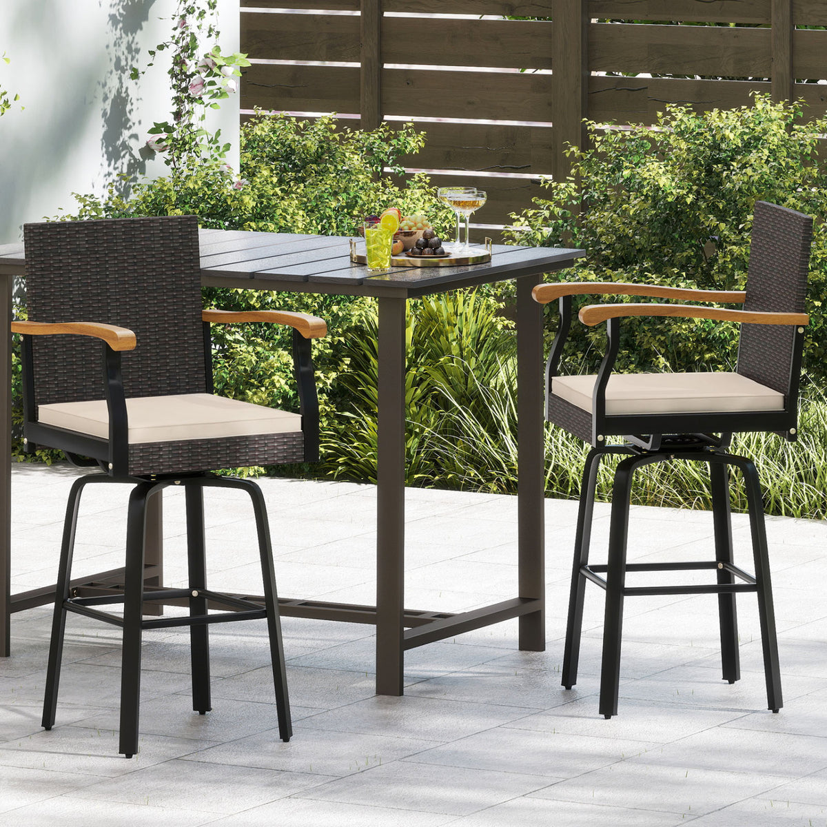 Outdoor 360Â° Swivel Bar Stool with Cushion and Acacia Wood Armrests-F-Brown