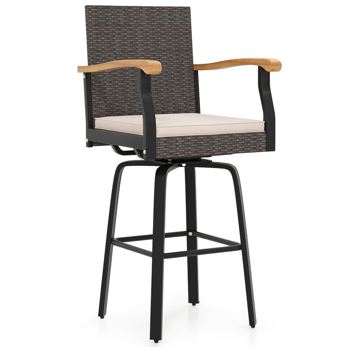 Outdoor 360Â° Swivel Bar Stool with Cushion and Acacia Wood Armrests-F-Brown