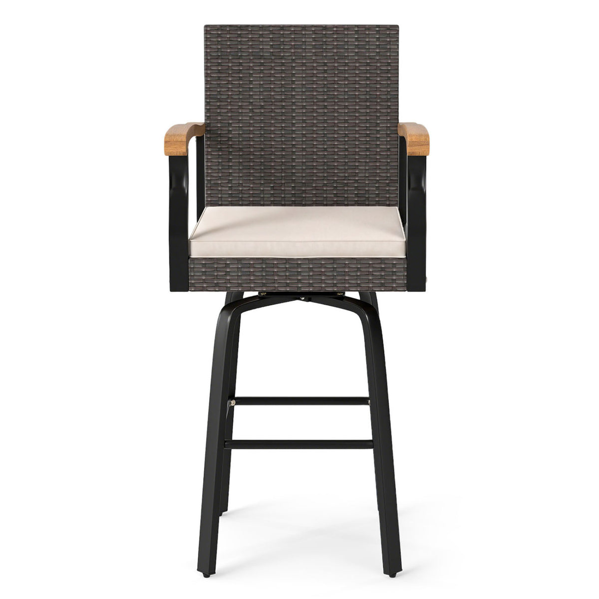Outdoor 360Â° Swivel Bar Stool with Cushion and Acacia Wood Armrests-F-Brown