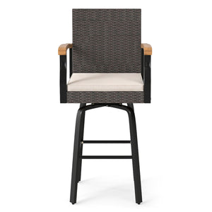 Outdoor 360Â° Swivel Bar Stool with Cushion and Acacia Wood Armrests-F-Brown