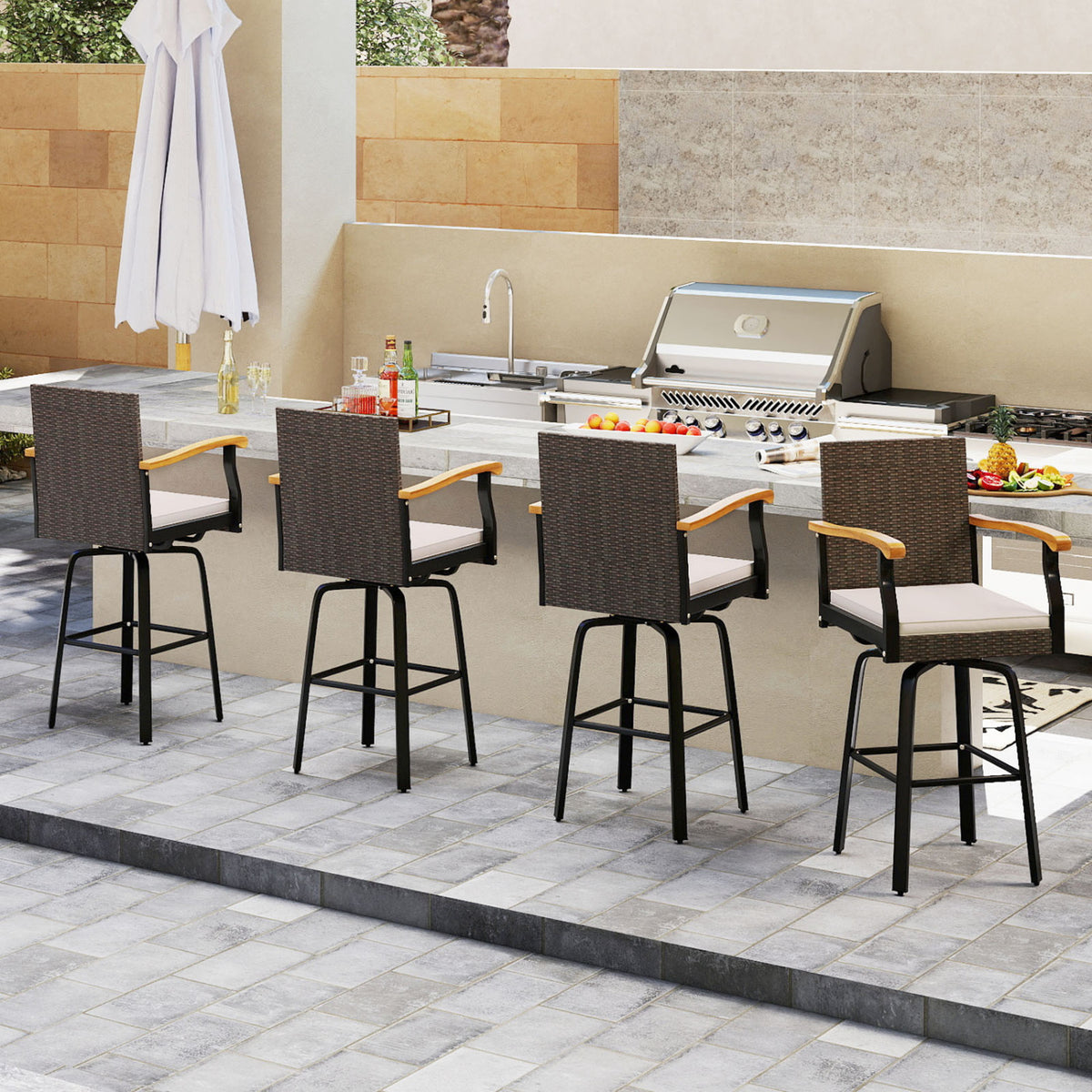 Outdoor 360Â° Swivel Bar Stool with Cushion and Acacia Wood Armrests-F-Brown