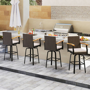 Outdoor 360Â° Swivel Bar Stool with Cushion and Acacia Wood Armrests-F-Brown