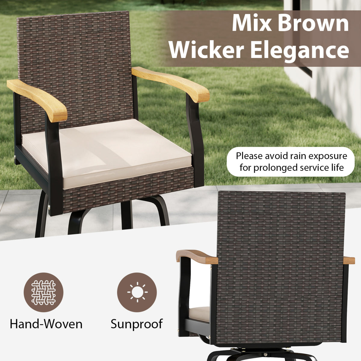 Outdoor 360Â° Swivel Bar Stool with Cushion and Acacia Wood Armrests-F-Brown