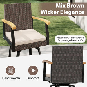 Outdoor 360Â° Swivel Bar Stool with Cushion and Acacia Wood Armrests-F-Brown