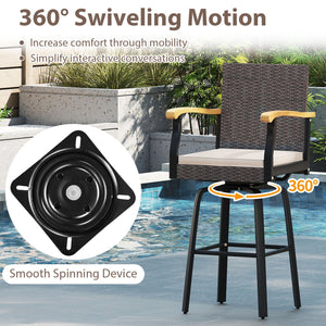 Outdoor 360Â° Swivel Bar Stool with Cushion and Acacia Wood Armrests-F-Brown