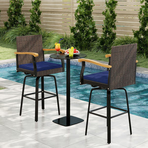 Outdoor 360Â° Swivel Bar Stool with Cushion and Acacia Wood Armrests-F-Navy