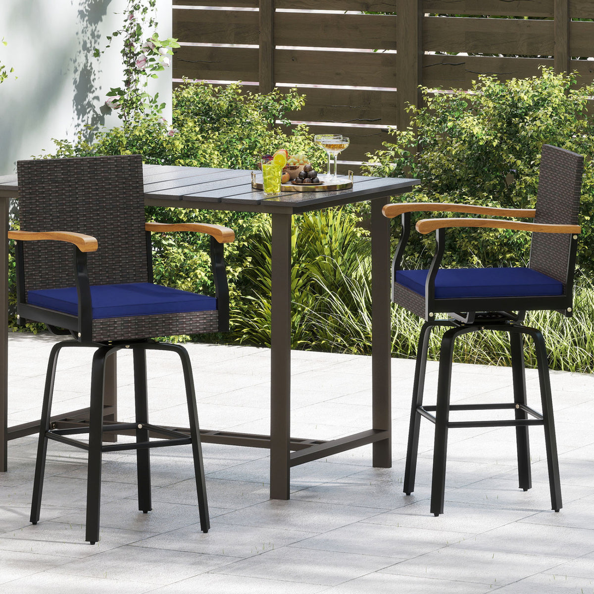 Outdoor 360Â° Swivel Bar Stool with Cushion and Acacia Wood Armrests-F-Navy